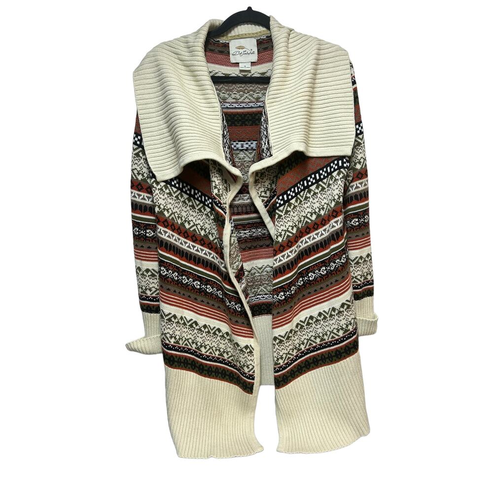 Bob Timberlake Geometric 3/4 Sleeve Wide Collar Cardigan Cream Brown‎ Medium